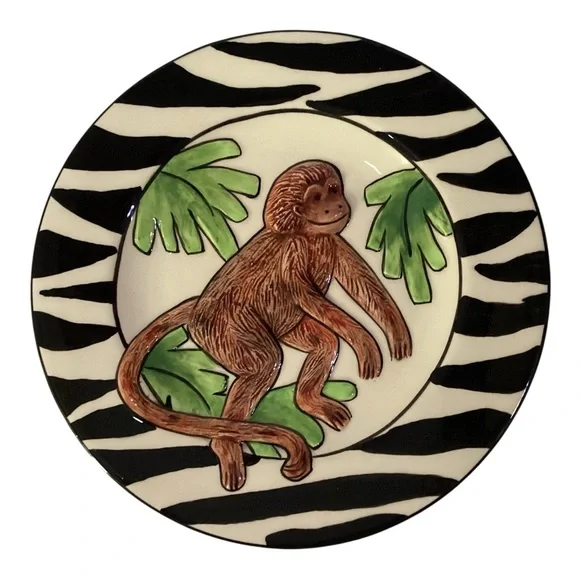 Becca Signature Collection Monkey Lunch Plates Set of 4 Zebra Rim 8” USA - Picture 5 of 8